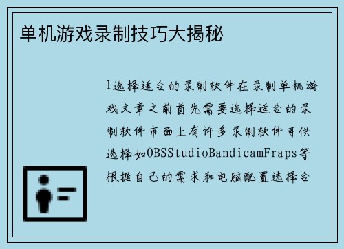 单机游戏录制技巧大揭秘